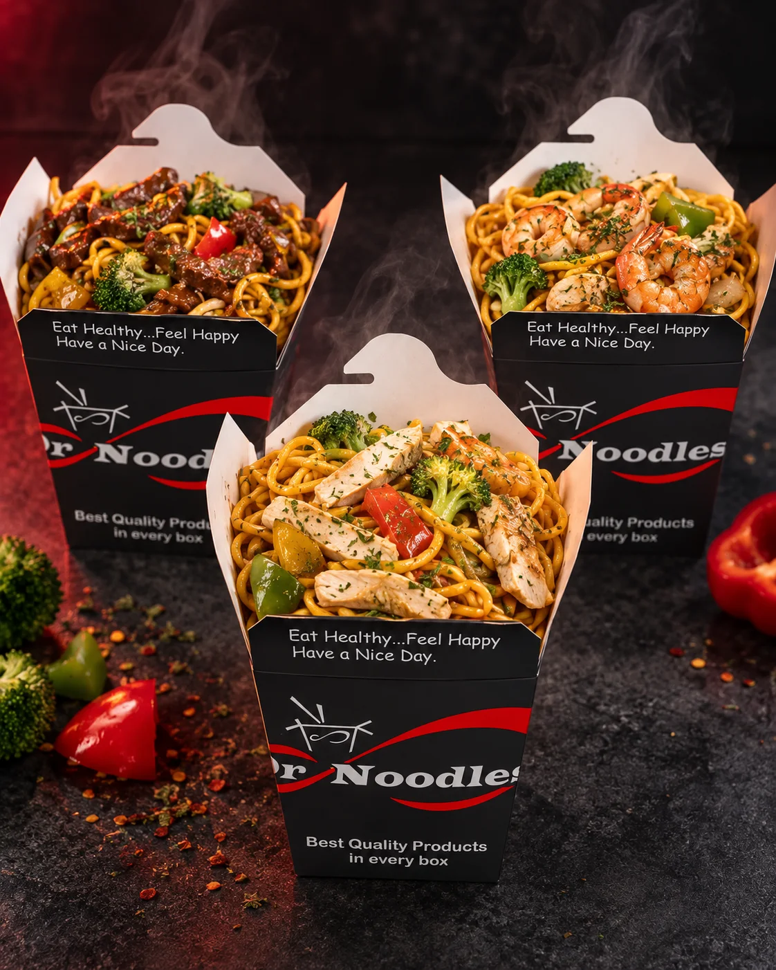 Three finished noodle dishes in branded Dr Noodles boxes